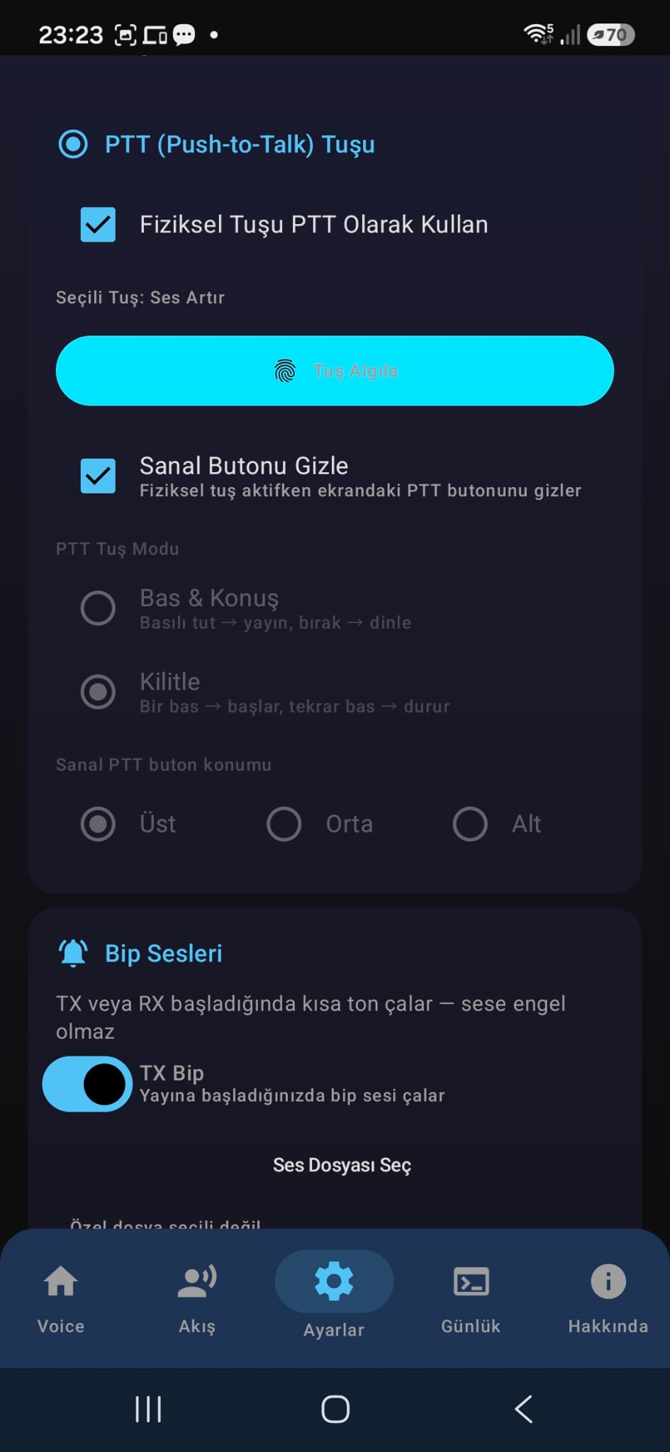 Digi Voice PTT tuş algılama ekranı