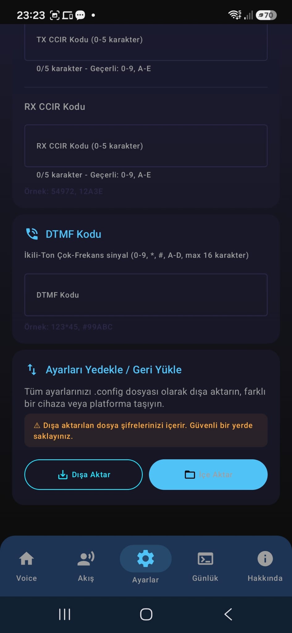 Digi Voice ayarları yedekle ekranı
